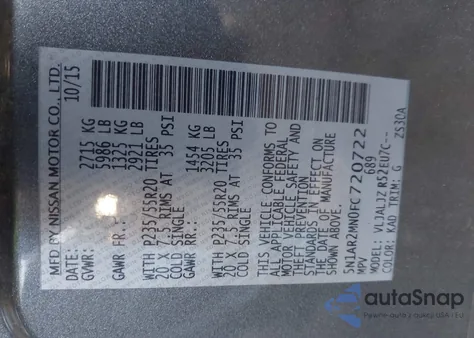 2015 Nissan Pathfinder Platinum from USA, damaged, VIN 5N1AR2MN0FC720722